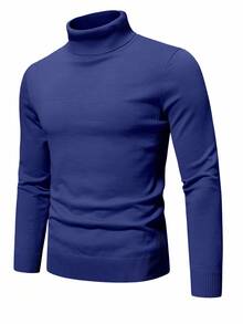 Manfinity Homme 男士純色高領毛衣，適合秋冬，長袖上衣 - 寶藍色 - 查看 3