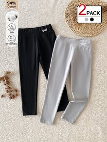 SHEIN 2件組女孩純色內搭褲，休閒高腰護腰蝴蝶結刺繡修身長褲，秋冬穿著，可作內層或外穿 - 彩色 - 查看 3