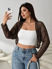 Solflare Casual Normal Black Plus Size Lightweight Sheer Mesh Long Jacket Dolman Sleeves Suitable For Outings Office Daily Wear Gatherings Commuting Autumn - Coffee Brown - View 5