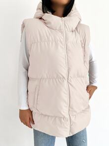 SHEIN Plus Size Zip Up Hooded Casual Puffer Vest Coat - Beige - View 3