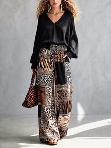 LUMIGAL Women's Leopard Print Geometric Pattern Wide Leg Pants, Casual Commute, Spring/Autumn - Multicolor - View 3