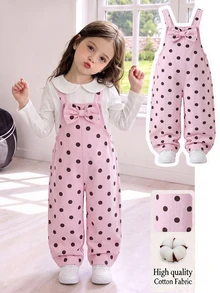 SHEIN Genkimix Kids 女童牛仔吊帶褲，四季新款，時尚甜酷復古設計，粉色底色配黑色波點印花，胸前3D大蝴蝶結設計，直筒寬鬆版型，百搭時尚日常穿搭，適合度假與多種場合，四季可穿的女童牛仔吊帶褲 - 粉色 - 查看 1