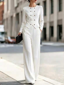 SHEIN Women's Double-Breasted Long Sleeve Top And Pants Casual Daily 2 Pieces Set - White - View 1