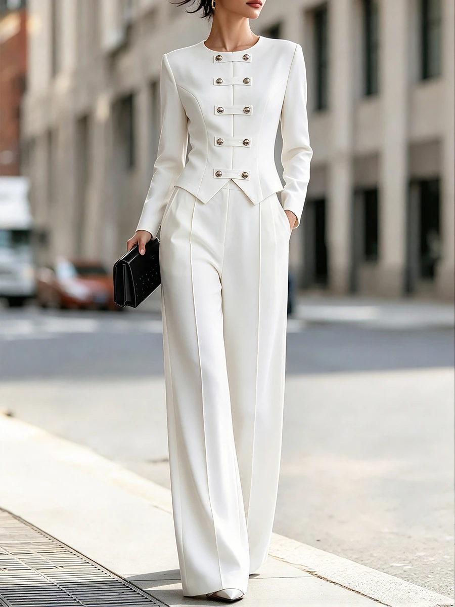 SHEIN Women's Double-Breasted Long Sleeve Top And Pants Casual Daily 2 Pieces Set - White - View 1