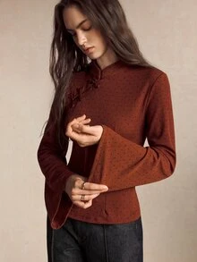BizChic Women's Polka Dot Slim Fit Versatile Daily Long Sleeve Top - Burgundy - View 6