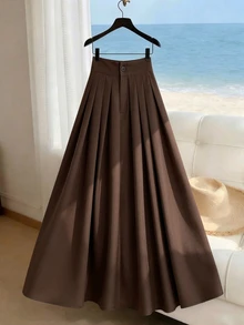 SHEIN Franclia تنورة نسائية بلون موحد مطوية للاستخدام اليومي العادي - بني - مشاهدة 3