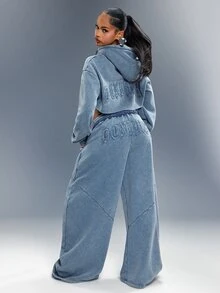 Cropped Raw Edge Zip Front Hoodie With Denimoi Patch Washed Fashionable Streetwear Lounge - Blue - View 5