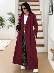 SHEIN EZwear 大尺碼女款純色翻領長袖雙排扣長版風衣外套 春秋辦公室黑色商務休閒優雅 - 酒紅色 - 查看 4