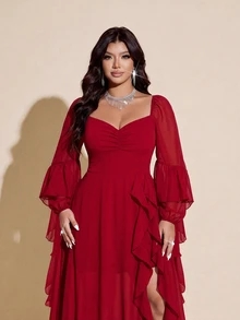 Viva Relle Plus Size Women's Ruched Bust Flowy Hem Long Dress With Ruffle Trim, Suitable For Dating, Cocktail Party, Party And Other Occasions Fall - Red - View 5
