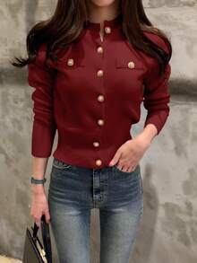 INAWLY 女款休閒簡約純色開襟衫，秋冬百搭女裝 - 酒紅色 - 查看 2