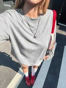 SHEIN EZwear 大尺碼女款純色圓領寬鬆長袖休閒T恤，春夏秋季 - 灰色 - 查看 5