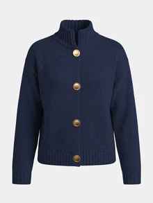 Balvessa Spring Autumn Winter New Women's Sweater Top, Half-High Stand Collar, Metal Button, Dropped Shoulder, Long Sleeve, Ribbed, Short Loose Fit, Single-Breasted Cardigan - Navy Blue - View 5