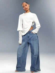 Denimoi Paneled Barrel Jeans Washed Fashion Jeans Fashionable Streetwear Cool Girl Outfits Concert - Medium Wash - View 2