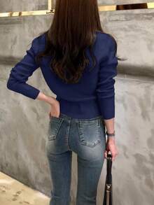 INAWLY 女款休閒簡約純色開襟衫，秋冬百搭女裝 - 寶藍色 - 查看 3