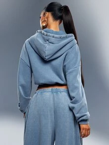 Denimoi Washed Studded Two Way Zip Hoodie Washed Sweatshirt Fashionable Streetwear Lounge Cozy Airport - Blue - View 6