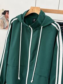 SHEIN EZwear 大尺碼女款休閒側條紋連帽綠色夾克/秋冬款 - 彩色 - 查看 5