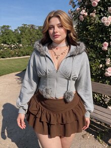 SHEIN MOD Plus Size Women's Plush Patchwork Casual Everyday Hooded Sweatshirt - Grey - View 1