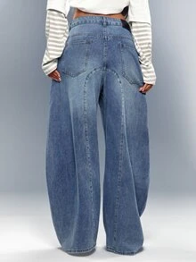 Denimoi Paneled Barrel Jeans Washed Fashion Jeans Fashionable Streetwear Cool Girl Outfits Concert - Medium Wash - View 5