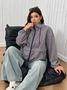 SHEIN EZwear 大尺碼女款格子拉鍊連帽休閒寬鬆優雅日常通勤外出派對夾克外套 秋季 白色 - 彩色 - 查看 5