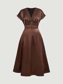 SHEIN MOD Plus Size Women V-Neck Lace Patchwork Casual Party Dress - Brown - View 2