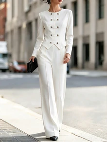 SHEIN Women's Double-Breasted Long Sleeve Top And Pants Casual Daily 2 Pieces Set - White - View 6