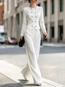 SHEIN Women's Double-Breasted Long Sleeve Top And Pants Casual Daily 2 Pieces Set - White - View 4