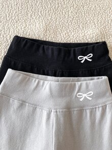 SHEIN 2件組女孩純色內搭褲，休閒高腰護腰蝴蝶結刺繡修身長褲，秋冬穿著，可作內層或外穿 - 彩色 - 查看 4