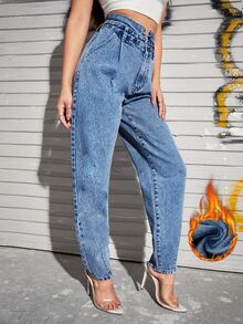 SHEIN Essnce 高腰斜口袋媽媽牛仔褲 - 中等水洗藍 - 查看 3