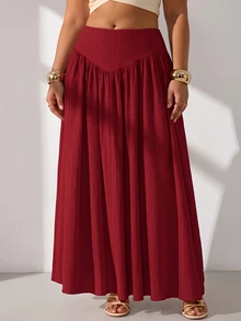 GalTyme Plus Size Minimalist Pleated Loose Long Skirt For Beach Vacation Fall - Burgundy - View 3