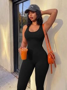 SHEIN Core Rhythm Solid Color Sleeveless Fitted Athletic Jumpsuit - Black - View 4