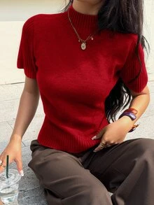 Siren Gaze 女款純色高領短袖針織上衣 紅色毛衣 全季節新年休閒端莊 教師節辦公室 紅色聖誕節 - 紅色 - 查看 3