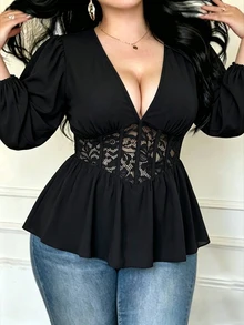 Vibekara Plus Size V-Neck Petal Sleeve Blouse, Lace Patchwork Waist Ruffle Hem, Slimming Sexy Short Shirt - Black - View 4