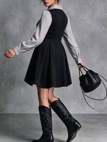 Ceyna Plus Size Women's French Casual Elegant Striped Patchwork Long Sleeve Dress, Autumn/Winter Fall - Black and White - View 2