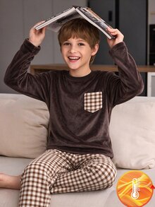 青少年男孩對比口袋格紋長袖褲子保暖內裡加厚保暖睡衣套裝 秋冬抓絨內裡加厚款 - 咖啡棕 - 查看 4
