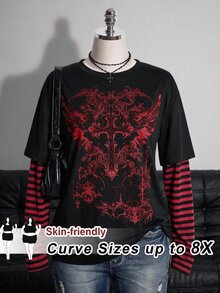 SHEIN CURVE+ تي شيرت مقاس كبير كاجوال خريفي مخطط مع رقعة وطبعة أجنحة 2 في 1 للهالوين والخريف - متعدد الألوان - مشاهدة 8
