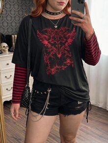 SHEIN CURVE+ تي شيرت مقاس كبير كاجوال خريفي مخطط مع رقعة وطبعة أجنحة 2 في 1 للهالوين والخريف - متعدد الألوان - مشاهدة 4