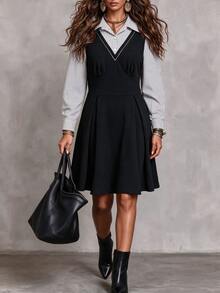 Ceyna Plus Size Women's French Casual Elegant Striped Patchwork Long Sleeve Dress, Autumn/Winter Fall - Black and White - View 3