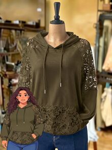 Rusticease Sweatshirt Ukuran Besar Warna Polos dengan Patchwork Renda untuk Musim Gugur, Acara Malam Formal, Pesta Malam, Kasual Elegan, Warna Hitam, Cocok untuk Halloween - Olive Green - View 3