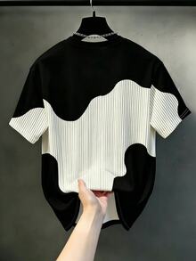 1件青少年男孩夏季上衣 幾何圖案拼接條紋設計 - 白色 - 查看 2