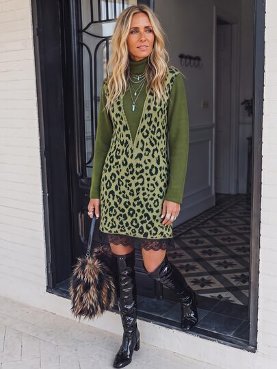 LanaWest Women's Vintage Green Leopard Print 2 In 1 Knit Dress, High Neck Lace Hem Layered Short Dress For Autumn/Winter