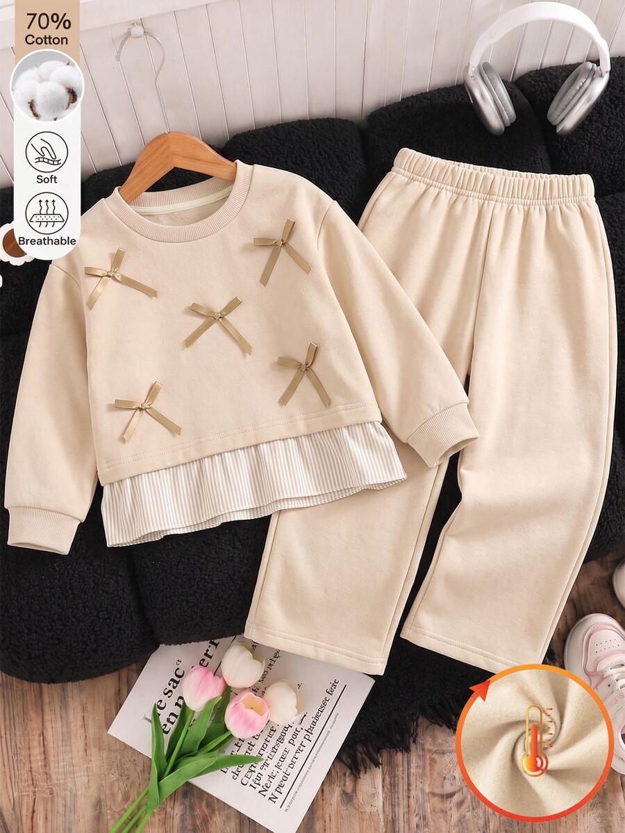 SHEIN Young Girl Apricot Fleece Lined 2pcs Set, Bow Decor 2-In-1 Stripe Hem Sweatshirt & Wide Leg Pants For Fall Winter