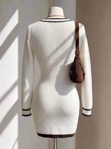 Sprig & Strand Women's Vintage Maillard Colorblock V-Neck Knit Dress, Slim Fit, Flattering, Long Sleeve, Ribbed Bodycon Mini Sweater Dress - Beige - View 2
