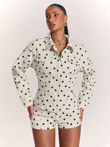 SHEIN BAE Women's Polka Dot Long Sleeve Denim Jacket And Shorts Casual Set - Black and White - View 1