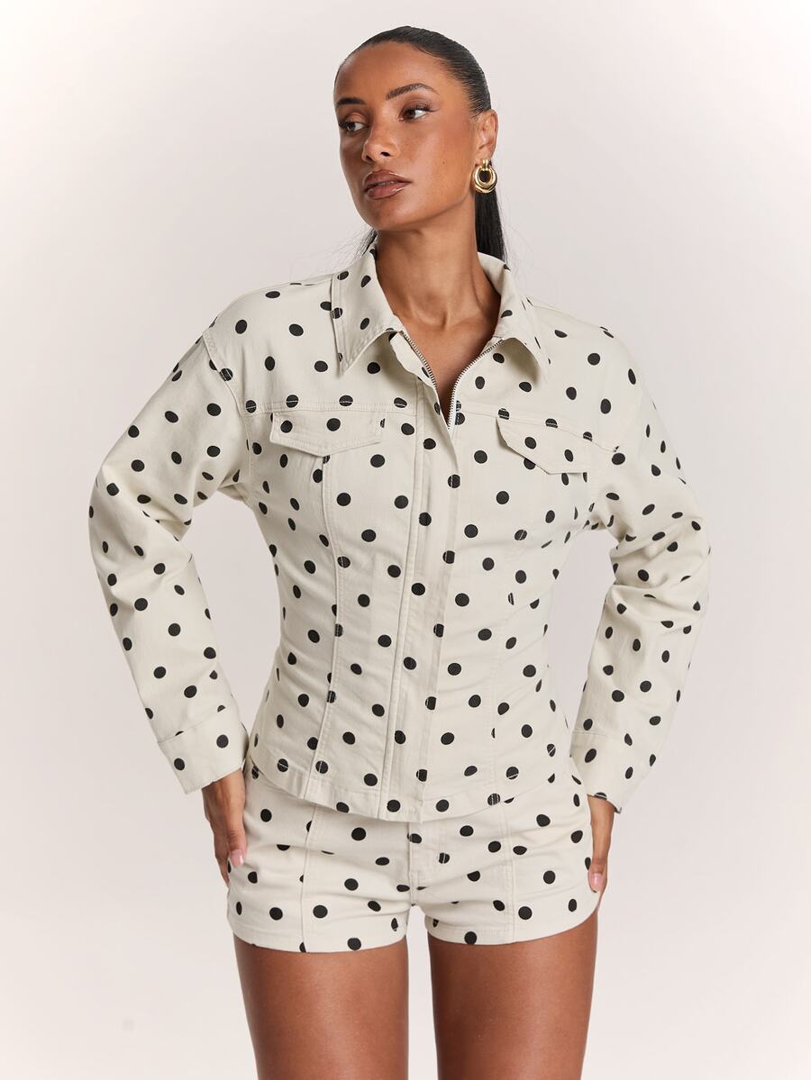 SHEIN BAE Women's Polka Dot Long Sleeve Denim Jacket And Shorts Casual Set - Black and White - View 1