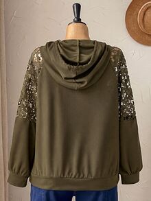 Rusticease Sweatshirt Ukuran Besar Warna Polos dengan Patchwork Renda untuk Musim Gugur, Acara Malam Formal, Pesta Malam, Kasual Elegan, Warna Hitam, Cocok untuk Halloween - Olive Green - View 2