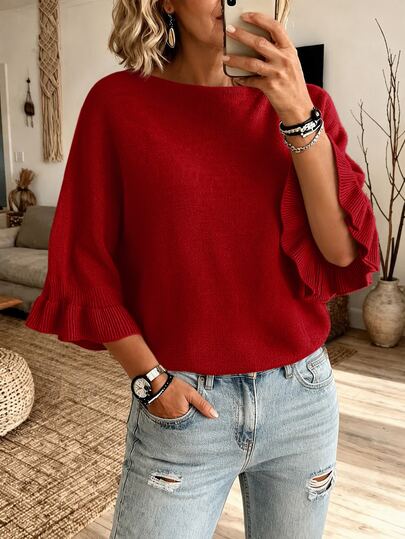 SHEIN LUNE Elegant Casual Solid Color Ruffle Knitwear Batwing Sleeve Sweater Vintage Pullover Brunch Autumn Clothes Fall Winter 2026 Modern Country Clothing