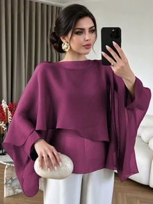 Modelyn 大尺碼女款不對稱下擺雪紡飄逸蝙蝠袖寬鬆上衣，可單穿或疊穿，優雅 - 中紫紅色 - 查看 1