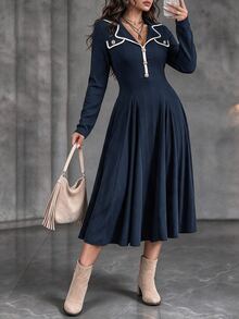Ceyna Plus Size Women's French Casual Elegant Autumn/Winter Long Sleeve Dress Fall - Navy Blue - View 3