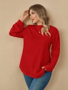 EMERY ROSE Plus Size Women's Solid Color Round Neck Long Sleeve Casual Loose Sweatshirt, Winter,New Year Fall - Red - View 5