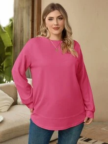 EMERY ROSE Plus Size Women's Solid Color Round Neck Long Sleeve Casual Loose Sweatshirt, Winter,New Year Fall - Hot Pink - View 1